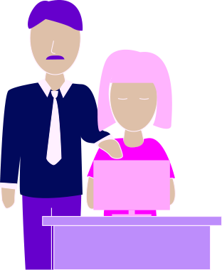 Illustration of woman sitting at a desk on a computer, and a man standing next to her with his hand on her shoulder.