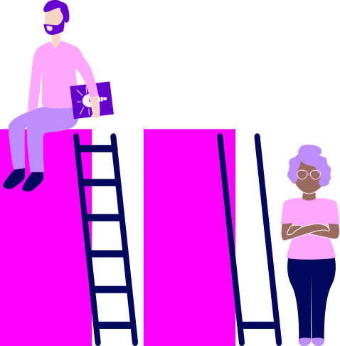 Illustration of man sitting on top of a wall with a ladder next to the wall, next to him is a woman standing next to a wall with a ladder that has no rungs.