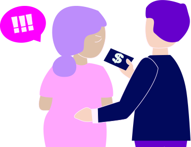 Illustration of man touching a woman's back and offering her money. Speech bubble with exclamation points is coming from woman's mouth.